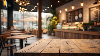 Empty wooden table in blurred background of cozy coffee shop interior