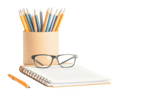 Stationery set with pencils, notebook, and glasses on a white background.