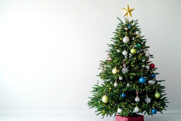 Decorated Christmas tree with star and colorful ornaments