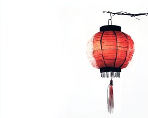 Obraz premium Red lantern hanging from a branch on a white isolate background.