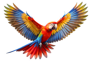 Obraz premium Scarlet Macaw in Flight with Vibrant Wings Spread Wide, Colorful macaw parrot, vibrant feathers isolated on white background