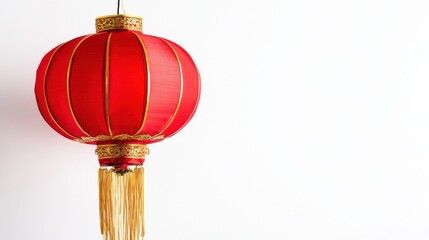 Fototapeta premium Red lantern with gold trim, hanging against a white isolated background.