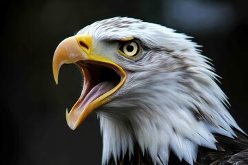 Majestic bald eagle opening beak showing tongue and sharp claws