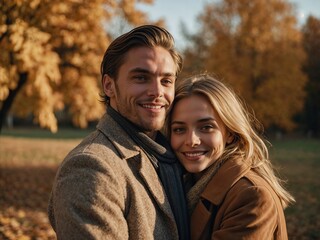 Fototapeta premium Happy couple enjoying a sunny autumn day with vibrant golden foliage and cozy outfits in nature