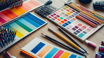 Colorful art supplies on a wooden table.