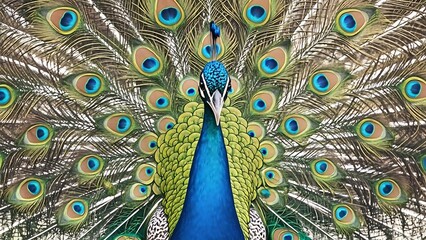 Obraz premium A colorful peacock displaying its feathers - A highly detailed illustration of a peacock with its tail feathers fully spread, showcasing the vibrant colors and intricate patterns of the plumage.