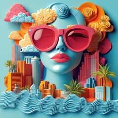 Whimsical cityscape with face and large sunglasses