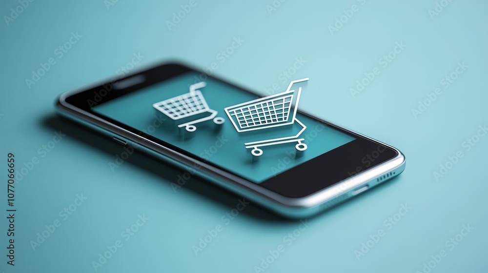 Poster Two shopping cart icons hover above a smartphone screen on a teal background, representing the concept of online shopping and e commerce