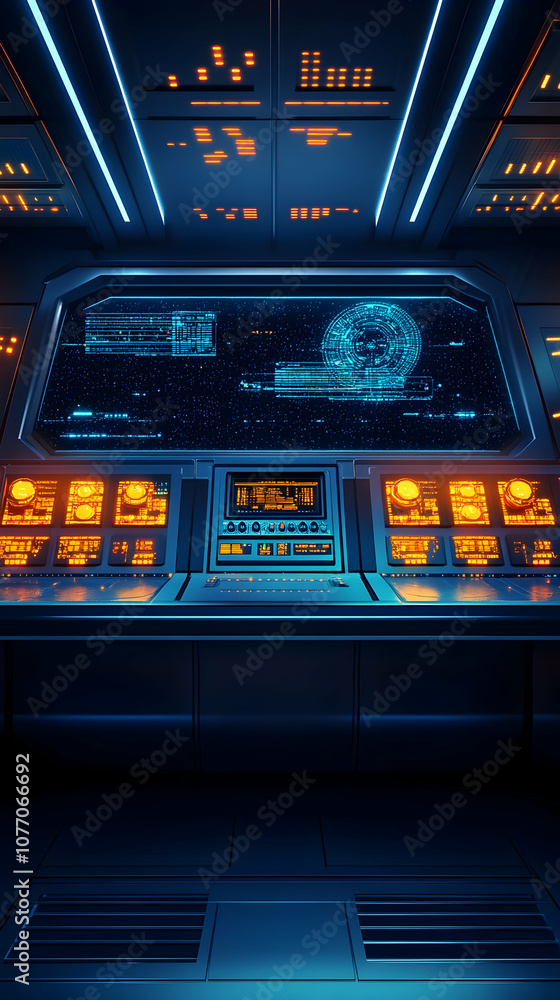 Poster futuristic control panel with glowing lights and screens displaying data.