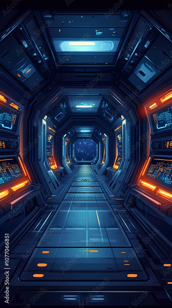 Poster futuristic spaceship corridor with glowing lights and view of space.