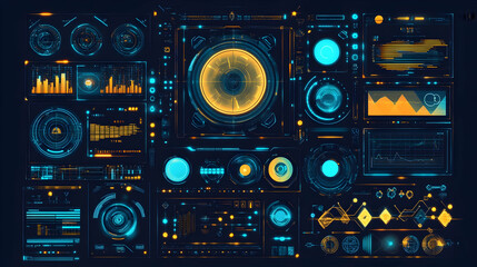 Fototapeta premium Futuristic HUD elements set with blue and orange colors on a dark background.
