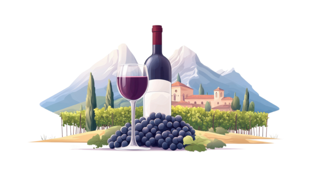 Wine bottle, glass, grapes, and vineyard landscape, showcasing the beauty of winemaking.