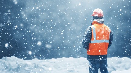 Construction worker wearing orange vest and hard hat standing in snowing weather