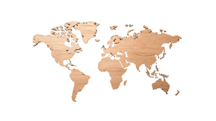 Wooden world map design, perfect for decoration or educational purposes, isolated on white background.