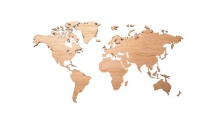 Wooden world map design, perfect for decoration or educational purposes, isolated on white background.