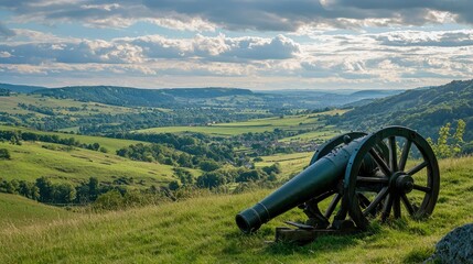 Scenic Cannon on Green Hillside Overlooking the Valley