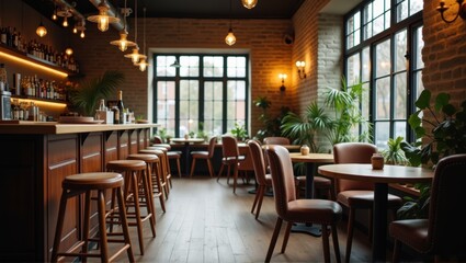 Cozy bar interior with wooden furniture, warm lighting, and green plants. Generative, AI,

