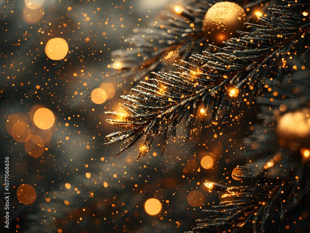 Poster enchanting close-up of a christmas tree with glimmering lights and golden ornaments creating a festi