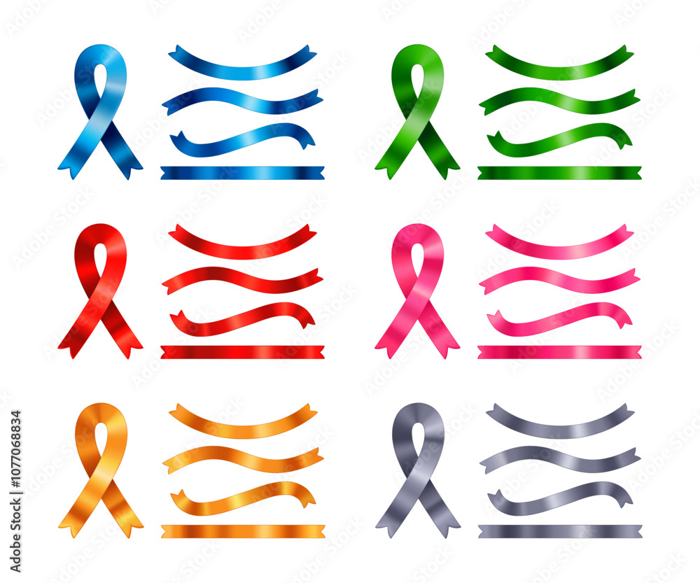 Wall mural set of realistic waved silk ribbons isolated on a white background. design element for greeting card