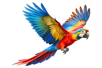 Fototapeta premium Scarlet Macaw in Flight with Vibrant Wings Spread Wide, Colorful macaw parrot, vibrant feathers isolated on white background