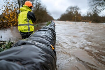 Flood barriers being set up along a ridge – Representing flood prevention, disaster management, and emergency response efforts