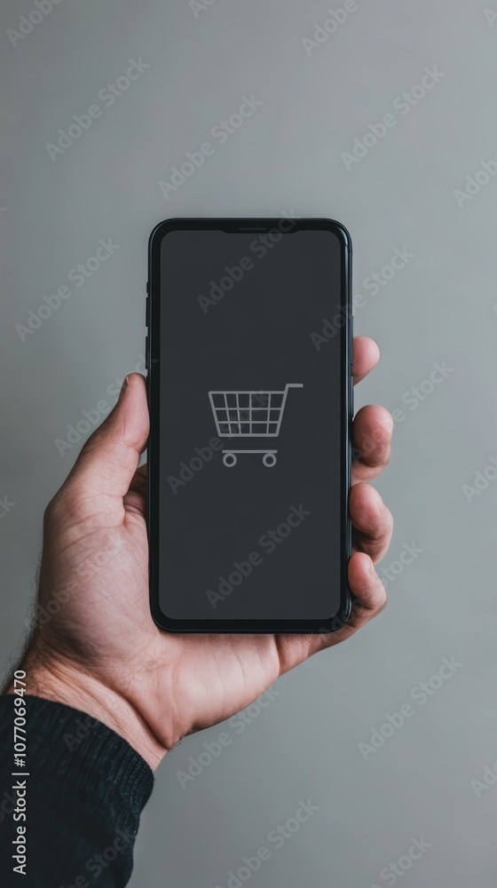 Poster hand holding a smartphone with a shopping cart icon on the screen, representing online shopping and 
