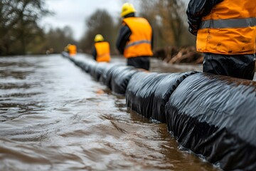 Flood barriers being set up along a ridge – Representing flood prevention, disaster management, and emergency response efforts
