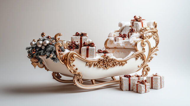 A close up white Santa`s sleigh with golod elements overflowing with neatly wrapped gifts, set against a white background.