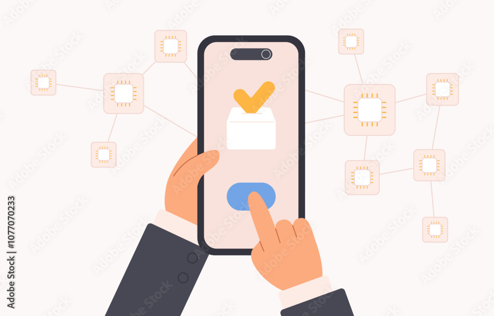 Poster Decentralized application development, data system integration. Hands of businessman holding mobile phone, fingers touch button of software on screen to use network service cartoon vector illustration