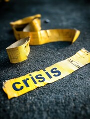 Yellow tape with the word "crisis" written on it, representing financial crisis and economic downfall