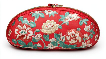 Stylish red floral clutch bag with a zipper on a white isolated background.
