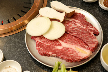 Korean beef. raw sirloin and mushrooms plate