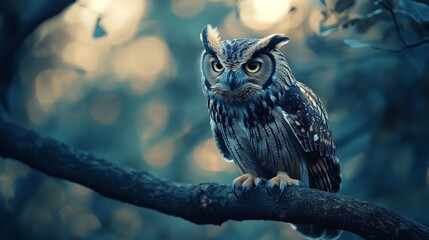 Owl at Dusk, an owl perches silently on a tree branch, its wings folded, eyes keenly observing the twilight surroundings, embodying nature's quiet intensity.