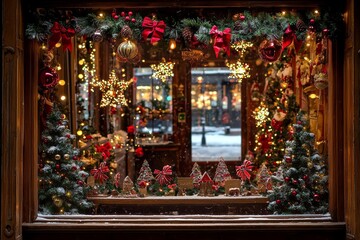 A festive store window adorned with Christmas decorations and twinkling lights, creating a warm holiday ambiance.