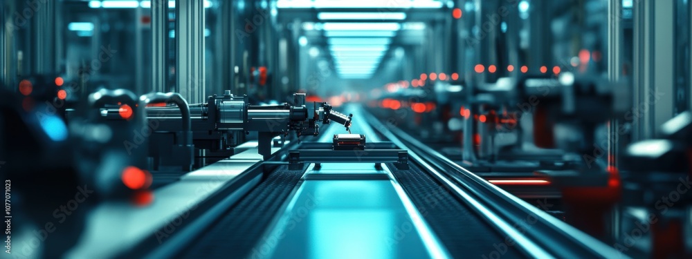 Poster modern automated production line, showcasing streamlined machinery, efficient assembly processes, an