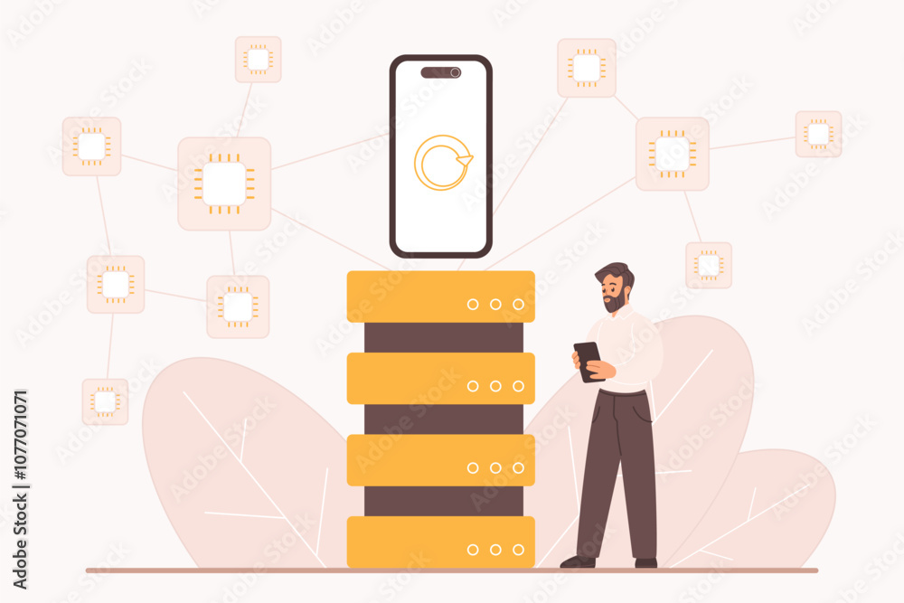 Poster Dapps, decentralized application, P2P, open source software and ethereum blockchain technology. Tiny man with mobile phone, server and peer to peer network connection cartoon vector illustration