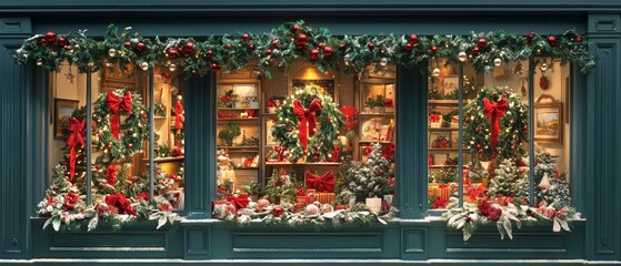 Fototapeta premium A festive store window adorned with vibrant Christmas decorations, featuring twinkling lights and colorful ornaments.