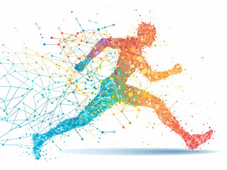 Fototapeta premium Abstract low-poly running athlete, vector illustration of a human silhouette in motion made from lines and dots on a white background