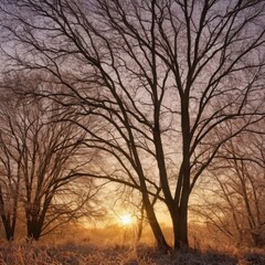 Silhouetted Bare Trees at Sunrise in Frosty Winter Landscape
