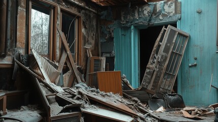 Ruins of an Exploded House, remnants of a collapsed structure, scattered debris, haunting atmosphere, echoes of past life