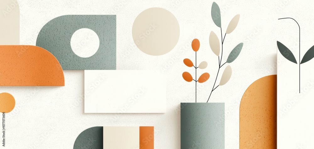 Aufkleber a colorful abstract design featuring geometric shapes, soft tones, and botanical elements, creating 