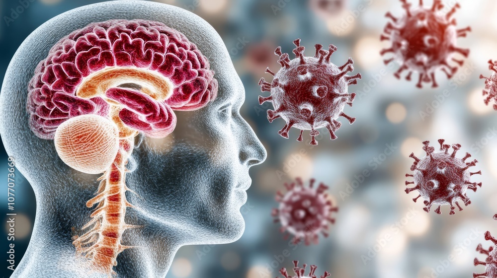 Poster abstract brain visualization, intricate red and white pattern on a brain's surface, modern art desig