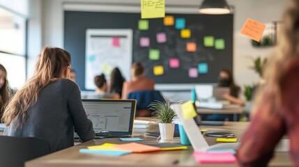 Vibrant brainstorming session in an open-plan office, colorful sticky notes arranged on a whiteboard, ideas flowing, collaborative atmosphere, creativity in full swing