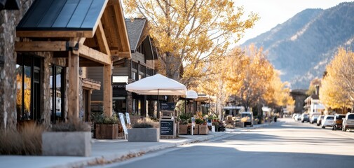 Obraz premium A charming streetscape features rustic buildings and vibrant autumn foliage against a backdrop of mountains.