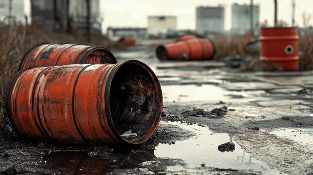 Chemical plant incident, overturned barrels leaking hazardous materials, emergency response in action, environmental impact assessment underway