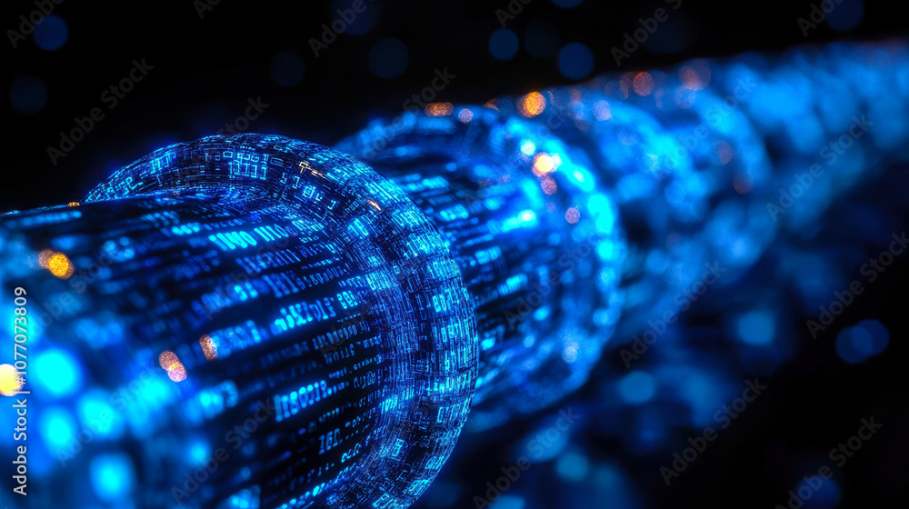 Poster futuristic digital pipeline with glowing blue binary code on black background
