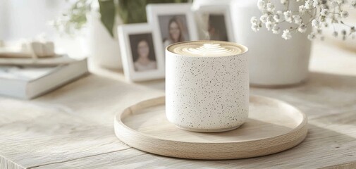 A serene, minimalist scene featuring a decorative coffee cup on a wooden tray, surrounded by plants and photographs, evoking a cozy atmosphere.