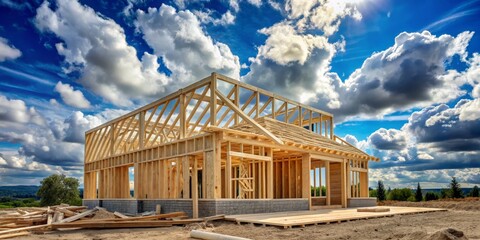 Wooden House Frame Under Cloudy Sky, Construction, Real Estate ,house framing, real estate
