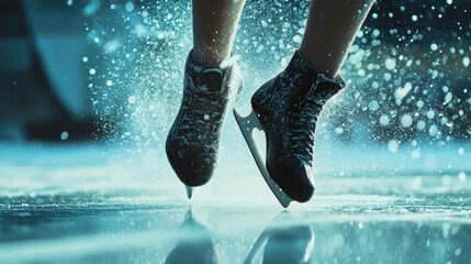 Close-up of a figure skater spinning on ice, sending up a spray of ice particles