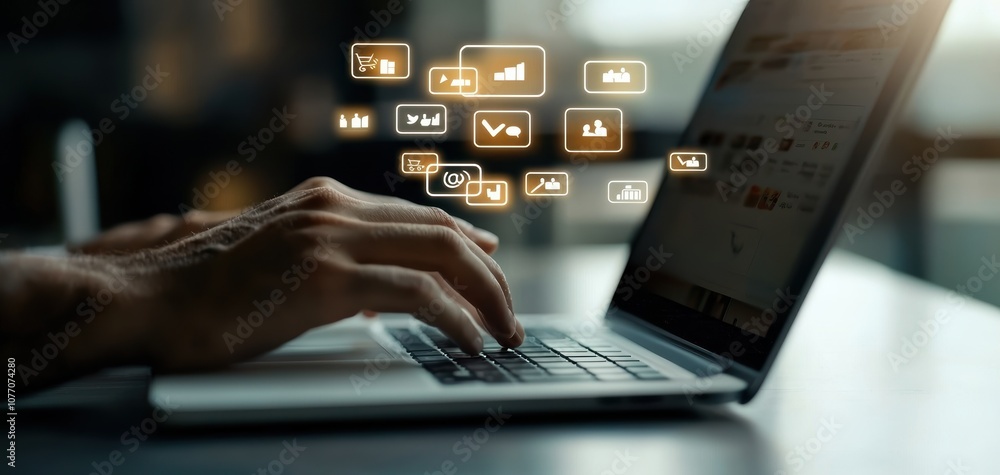 Poster a hand typing on a laptop keyboard with digital icons hovering above, representing various online ac